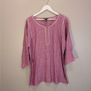 Eddie Bauer Linen Blouse Kaftan Tunic Embroidered Lagenlook Coastal - Size XLT